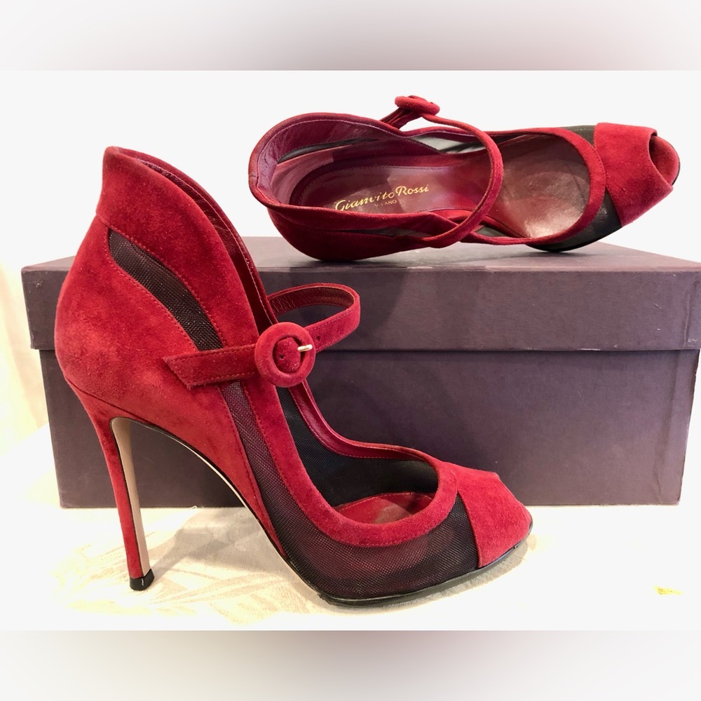 GIANVITO ROSSI Burgundy Suede Black Mesh Heels 37.5 7.5 $700